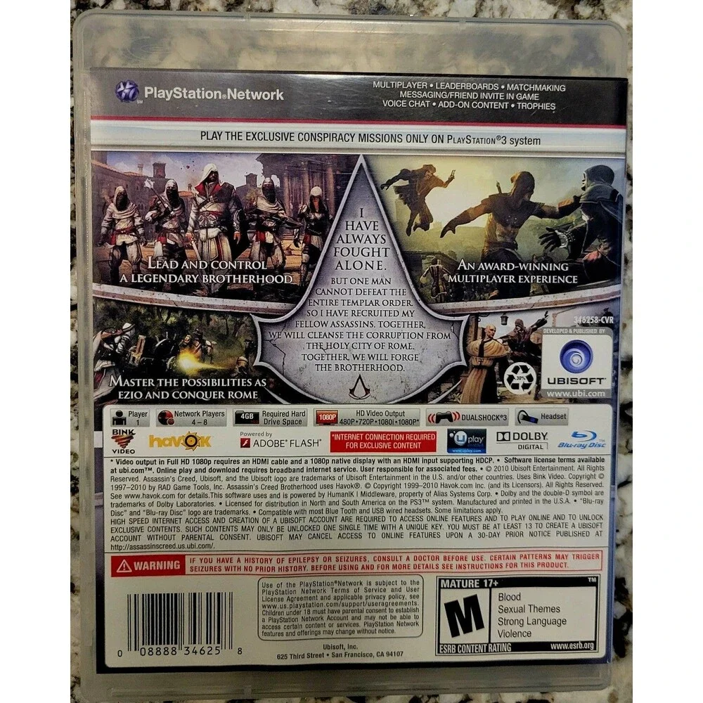 SONY PLAYSTATION 3 PS3: ASSASSIN'S CREED BROTHERHOOD, CLEAN DISC, FAST SHIPPING